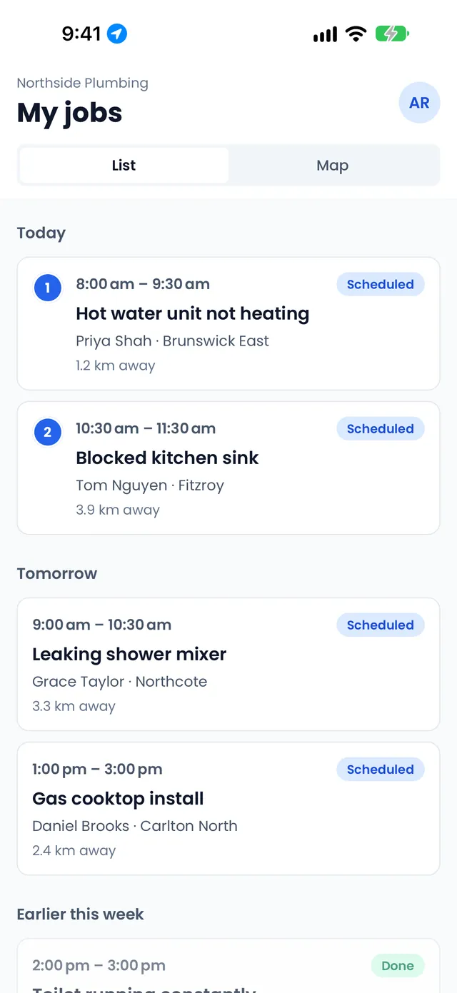 The Field app’s My visits list: two visits today in order, each with its time, customer, suburb and distance, and two more tomorrow.