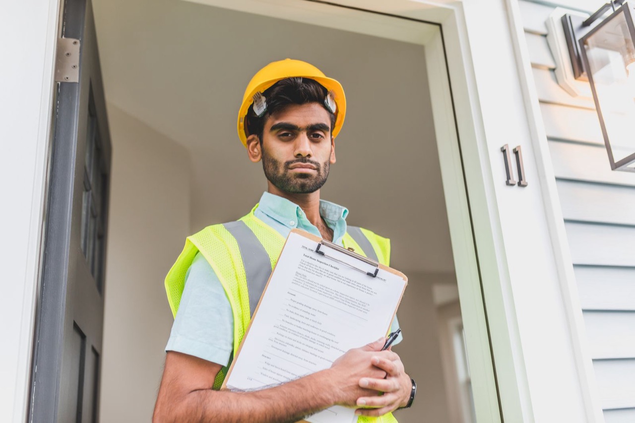 A tradie in a hard hat and hi-vis vest at a customer’s front door with a clipboard.