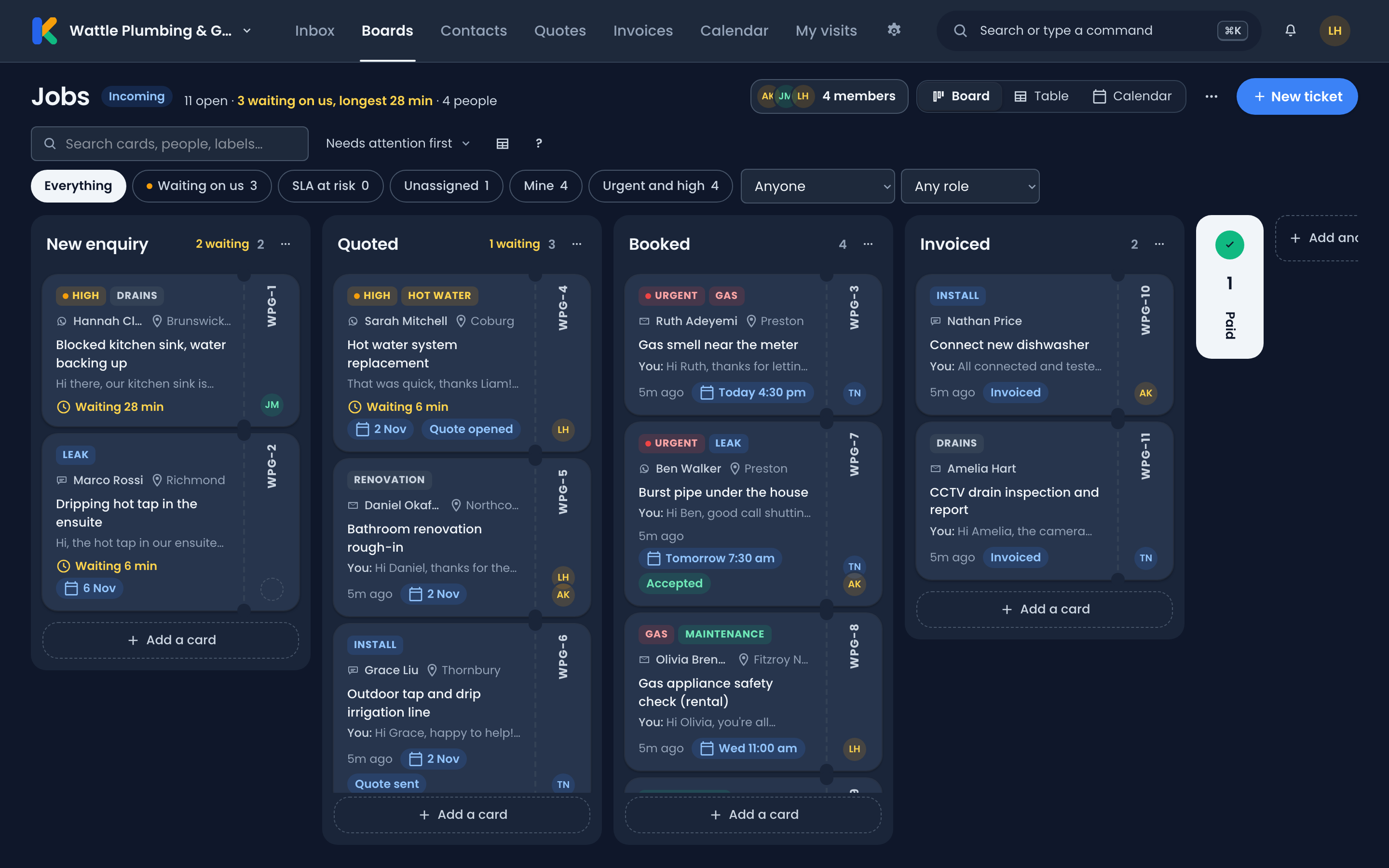The Jobs board in Karya Falak with five lists, New enquiry, Quoted, Booked, Invoiced and Paid, and cards showing labels, people and visit times.