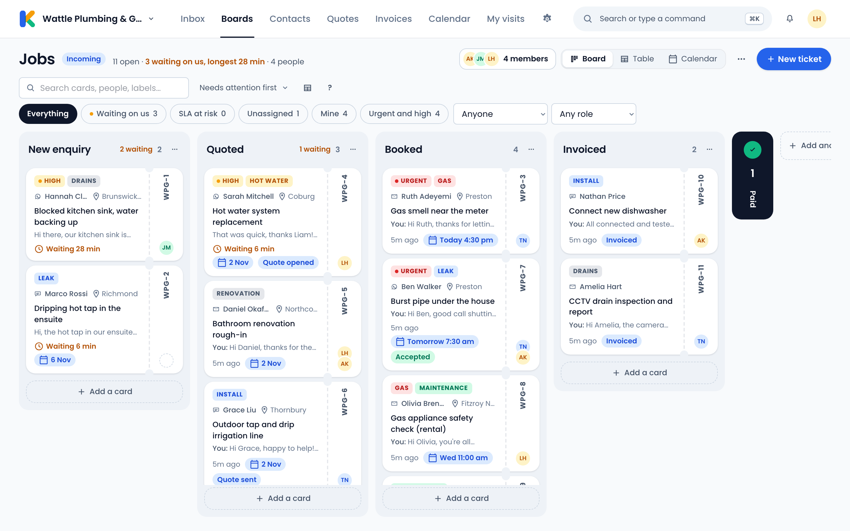 The Jobs board in Karya Falak with five lists, New enquiry, Quoted, Booked, Invoiced and Paid, and cards showing labels, people and visit times.