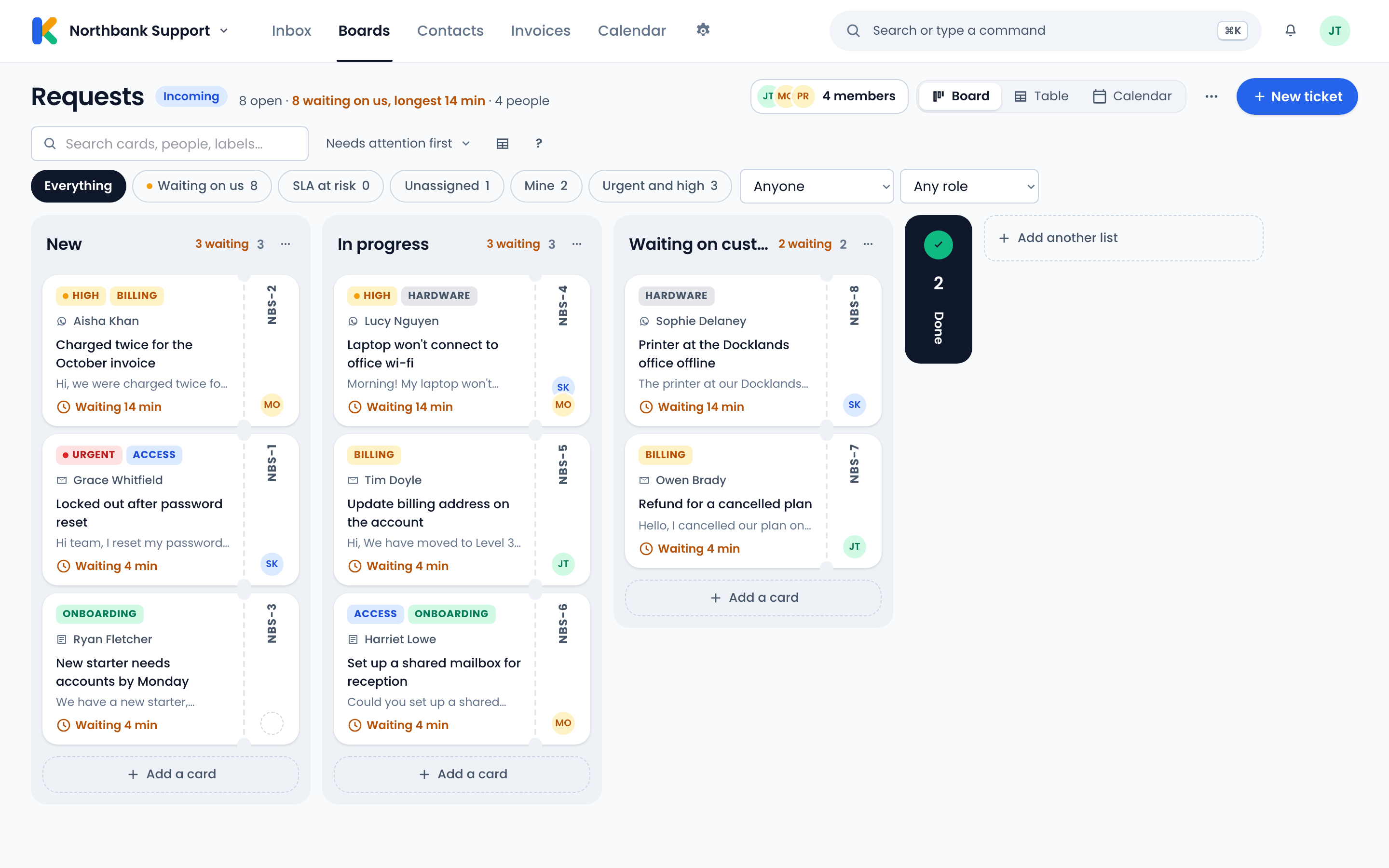The Requests board of a sample support team, its New list holding requests from email, the web form and WhatsApp.