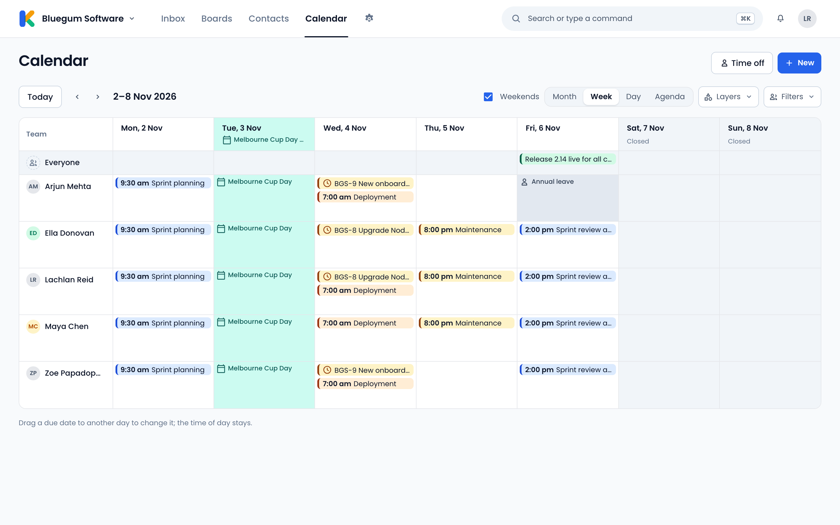 The Calendar of a sample software business for a week: a deployment, a maintenance window, sprint meetings, a release day, Melbourne Cup Day and one person on leave.