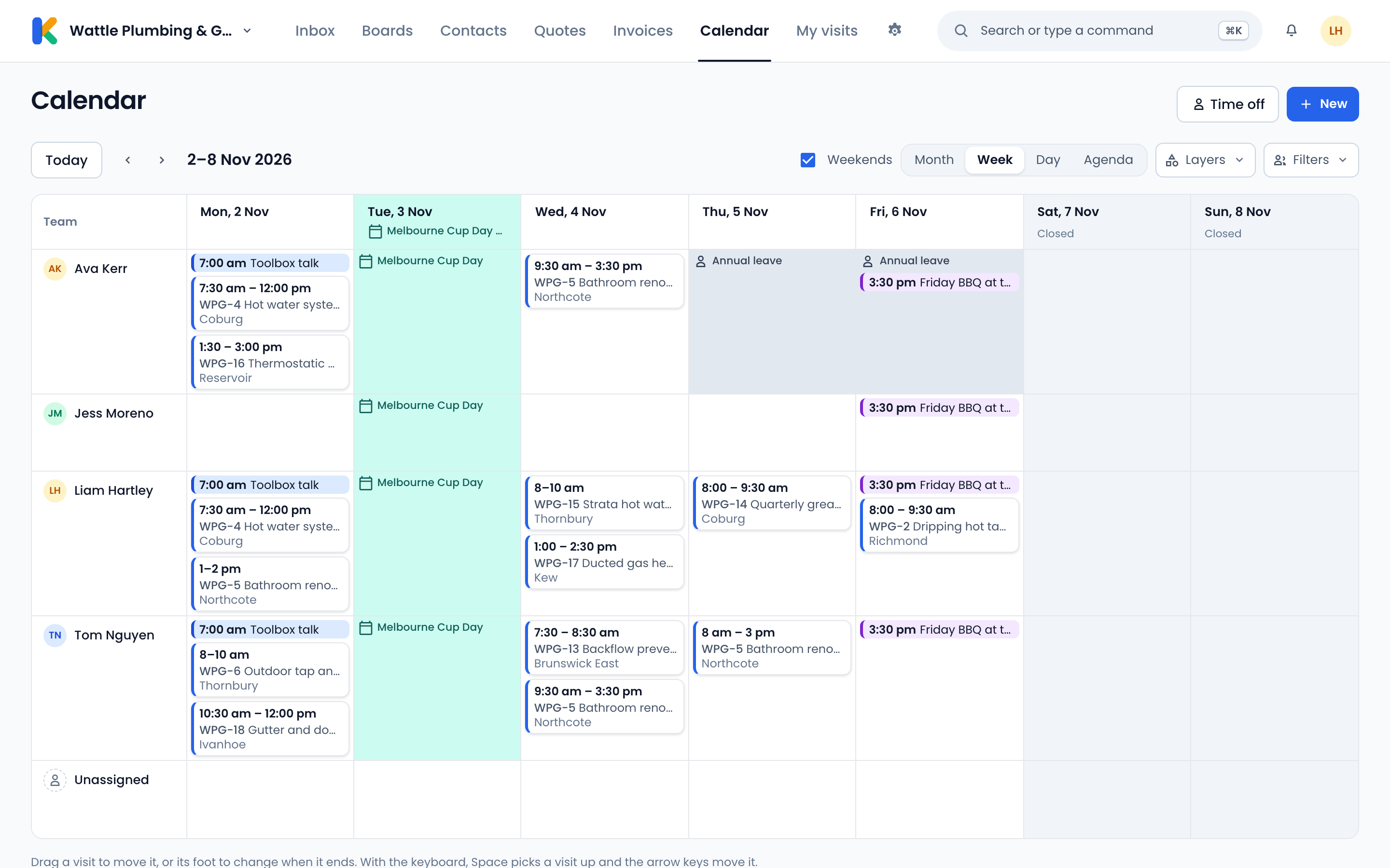 The Karya Falak Calendar in week view by person, with each person’s visits, Melbourne Cup Day marked as a public holiday and one person on annual leave.
