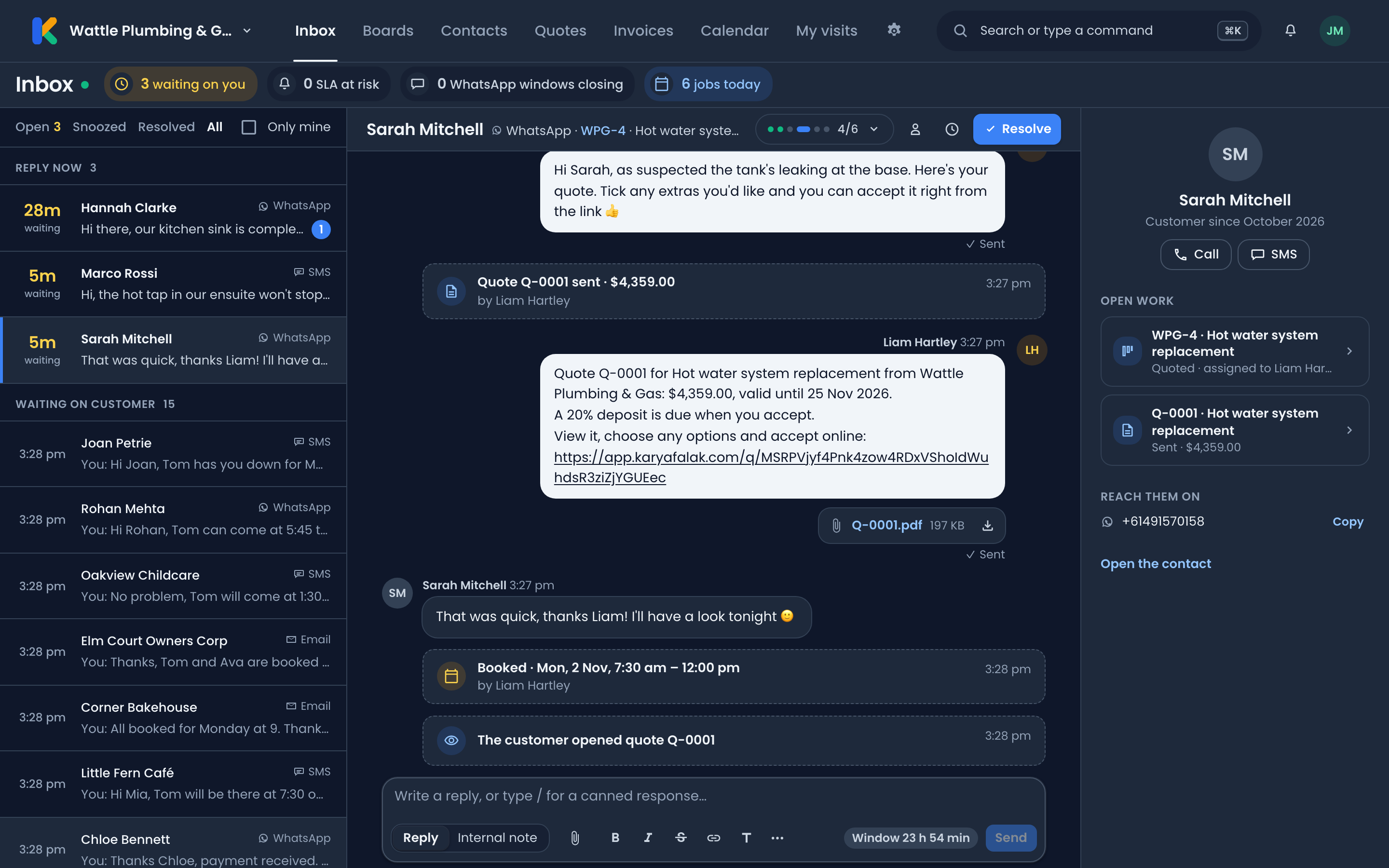 The Karya Falak shared inbox: a customer’s WhatsApp conversation about a cold hot water system, with the team’s replies and a quote sent in the thread.