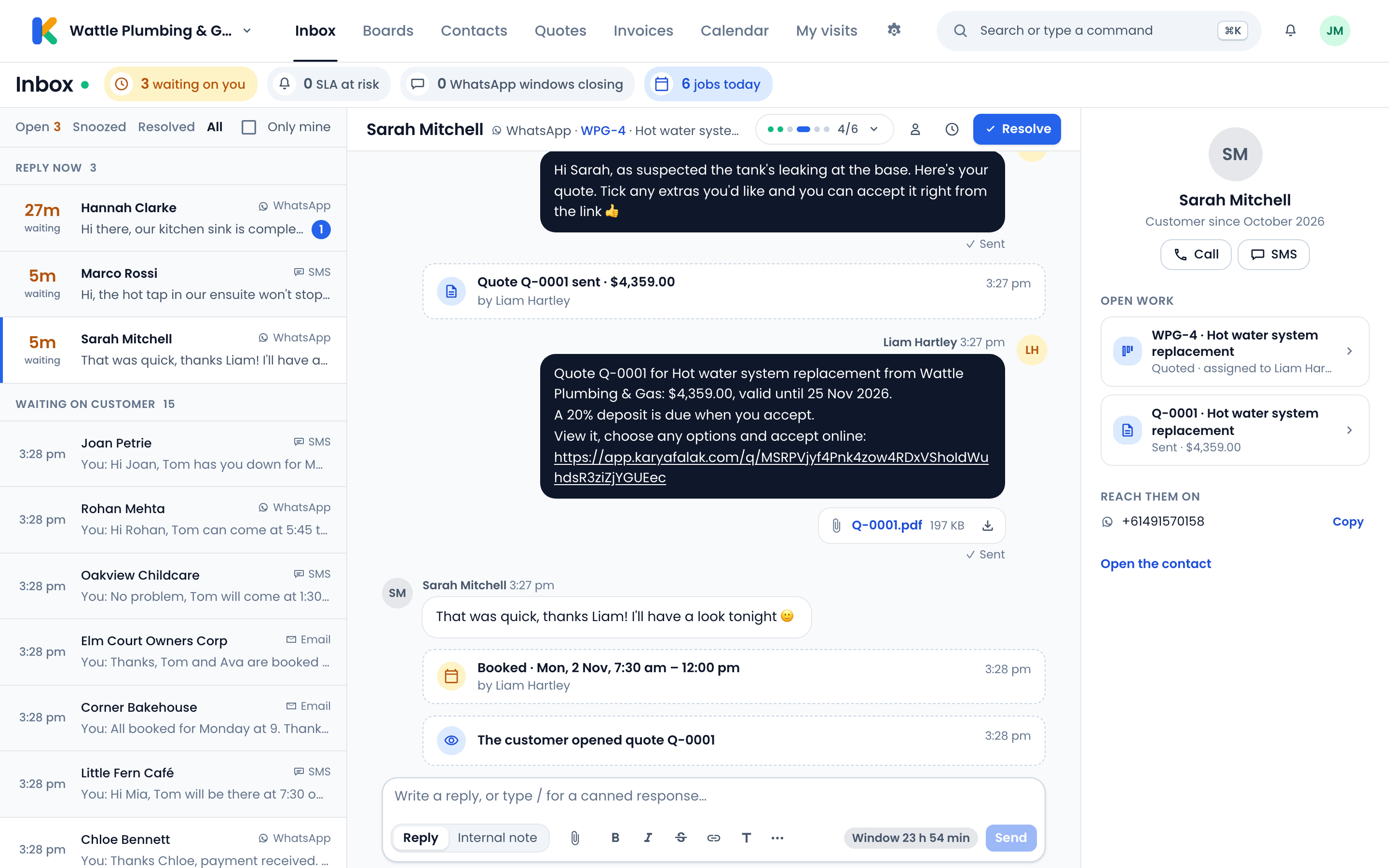 The Karya Falak shared inbox: a customer’s WhatsApp conversation about a cold hot water system, with the team’s replies and a quote sent in the thread.