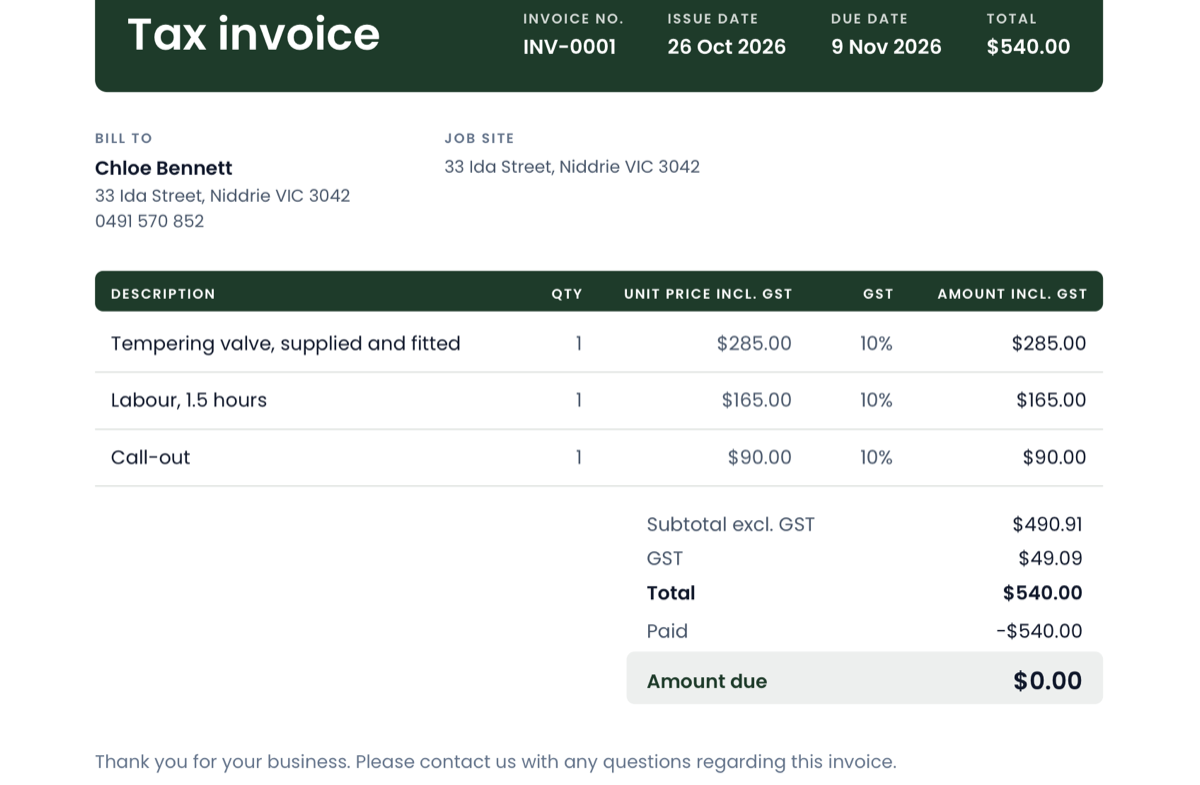 A tax invoice made in Karya Falak, with its lines, the GST and the amount due, stamped PAID.