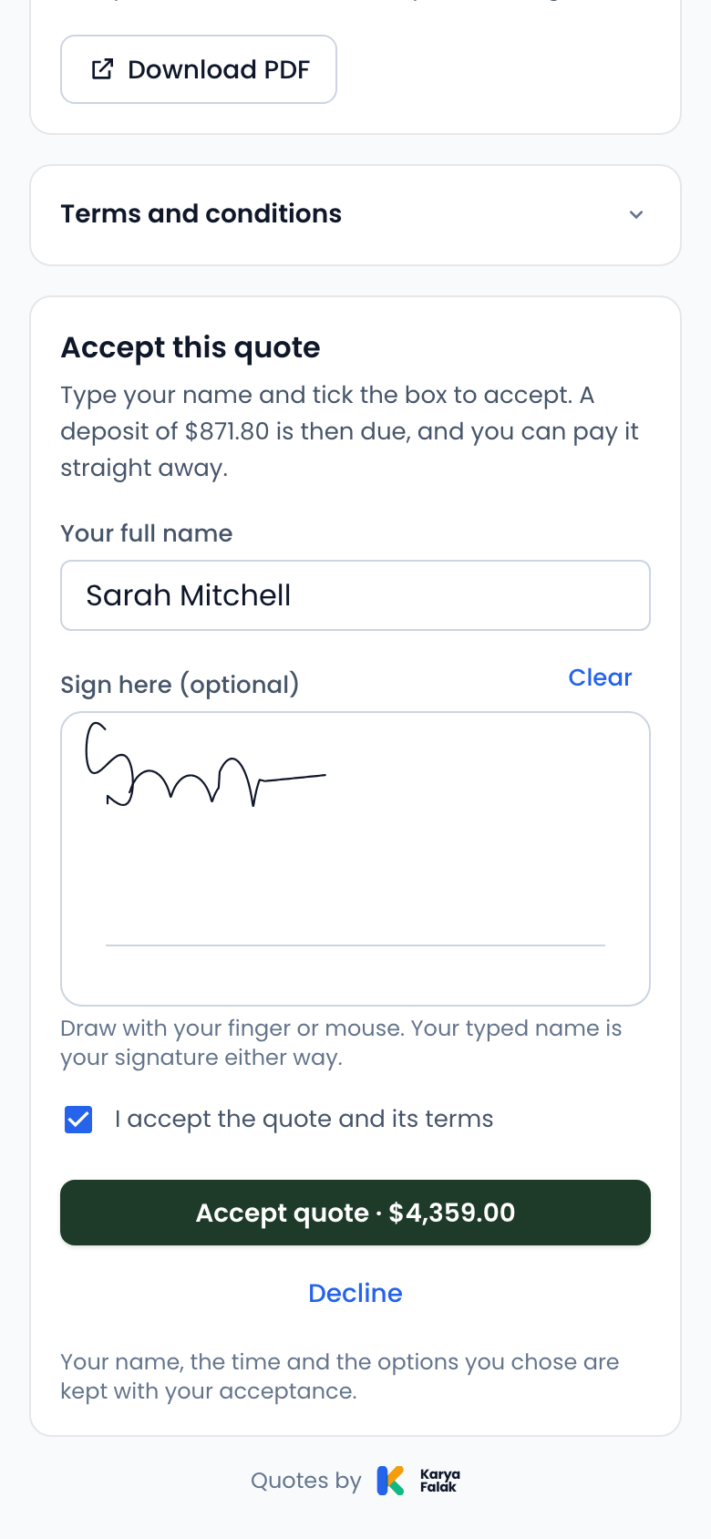 A customer accepting a quote on their phone: their name typed, a signature drawn, the terms ticked and the Accept quote button.