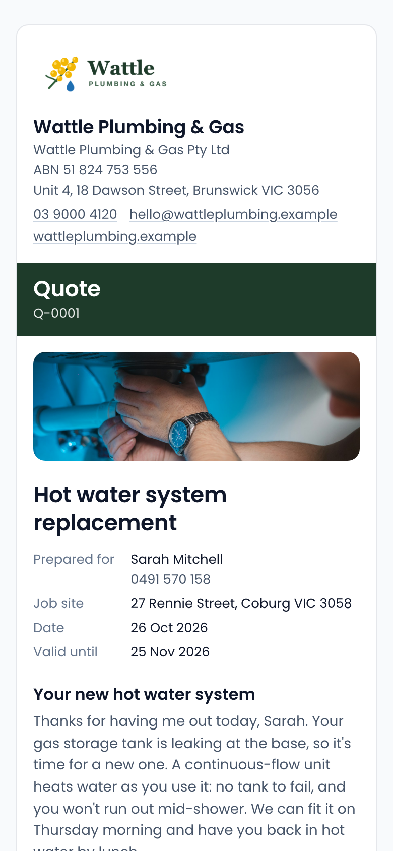 The first page of a quote, as the customer sees it on their phone.