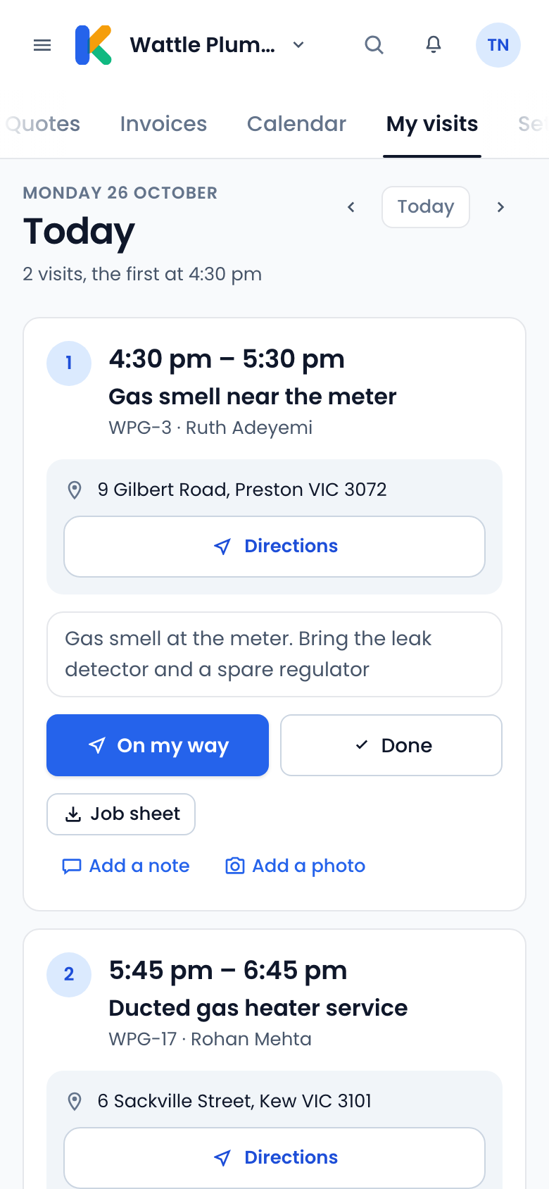 My visits on a phone: today’s visit with the site address, Directions, On my way and Done.